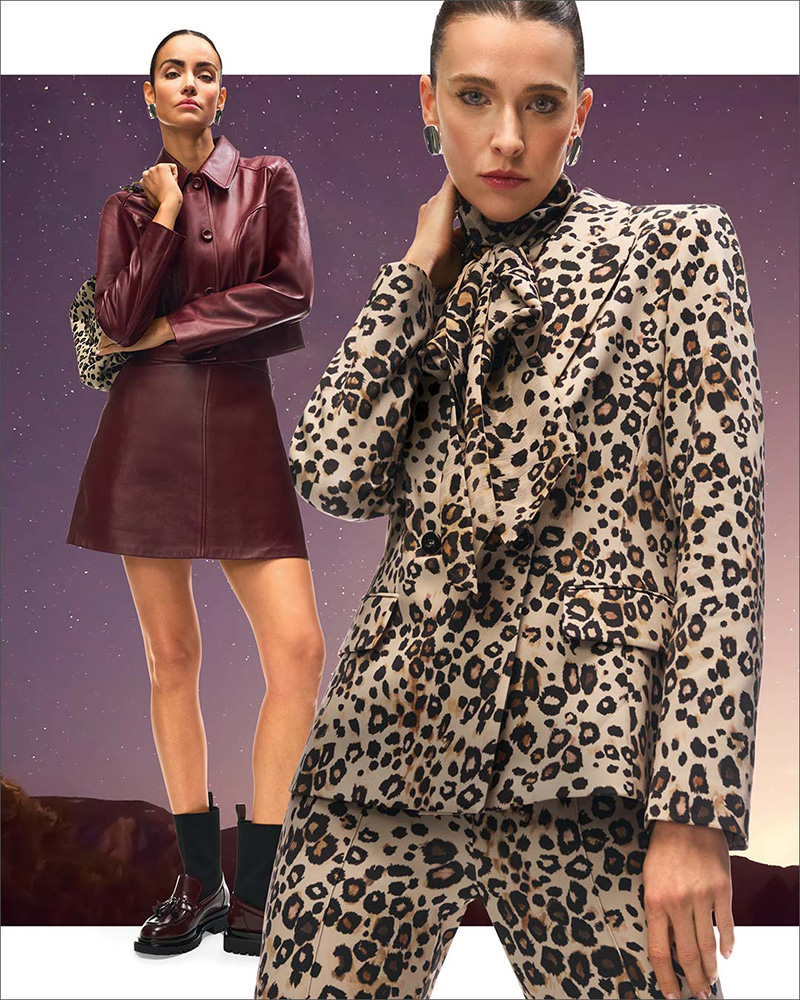 Two models are ready for fall with leopard print and plum leather jackets.